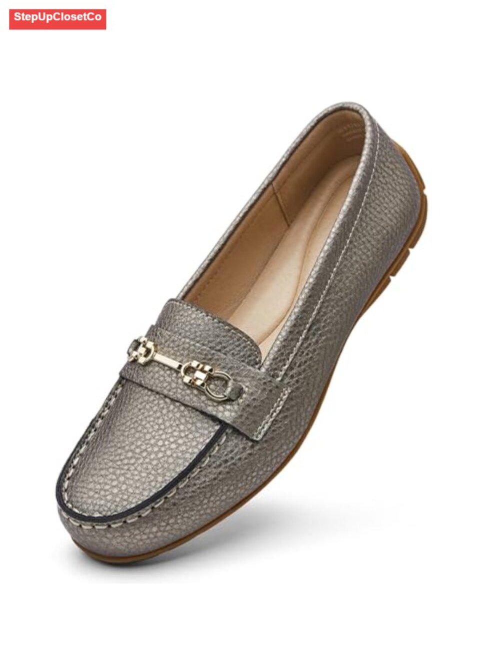 Genuine Leather Loafers Slip-On Memory Foam Gold Buckle